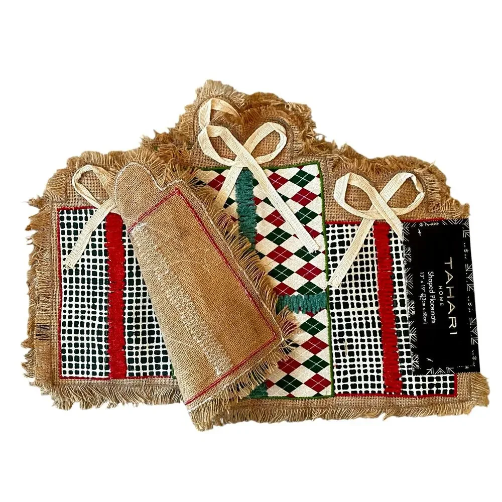 TAHARI Christmas Present Shaped Jute Placemats Set of 4 Holiday 13x19 New